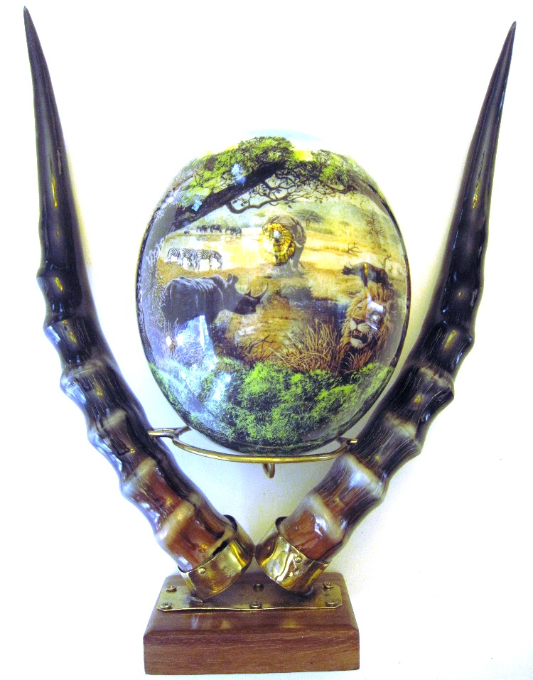 Safari landscape Decoupage Ostrich Egg w Impala Horn Stand